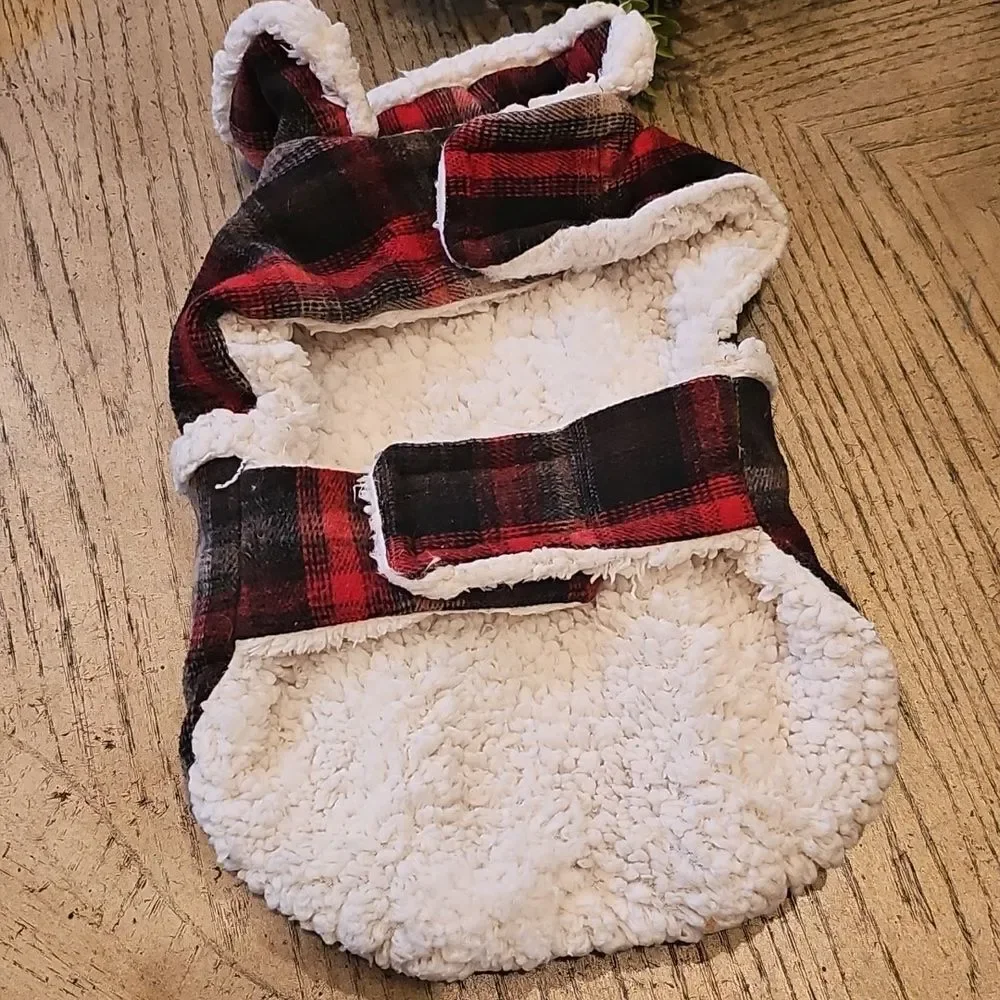 Plaid Dog Jacket with Sherpa Trim Size M